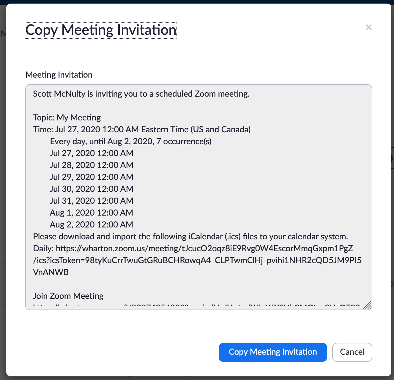 Copying a meeting invitation