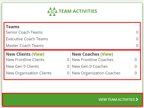 Team Activities Report - broken into 3 main categories: Teams, New Clients, and New Coaches.