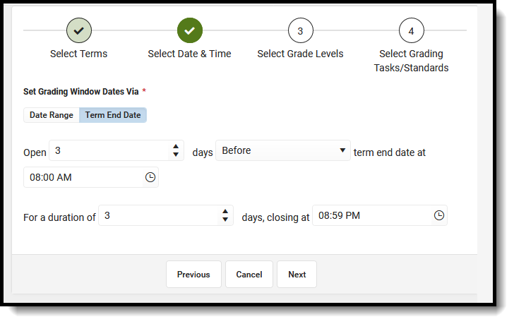 Screenshot showing how to set grading window dates via Term End Dates.