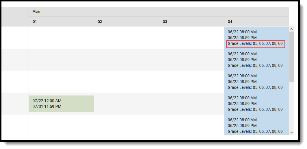 Screenshot showing an example of grade level selection and dates in ghe grading window main grid summary display.