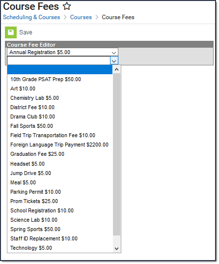 Screenshot of Course Fees Editor - Assigning Fees