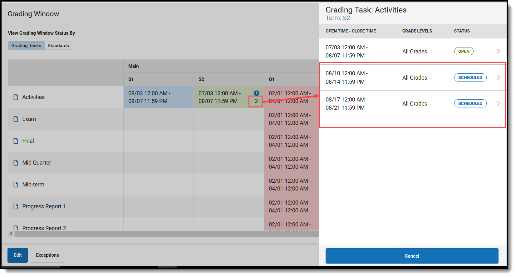 Screenshot showing what a future scheduled grading window looks like.