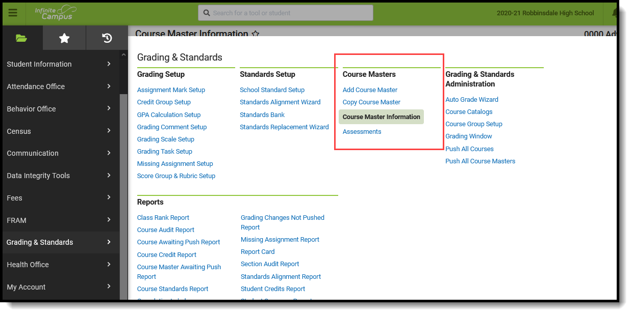 Screenshot highlighting the Course Masters section of the Grading & Standards tools in the navigation