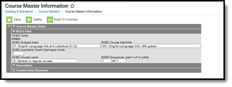 Screenshot of the NCES Data section of the Course master Information.