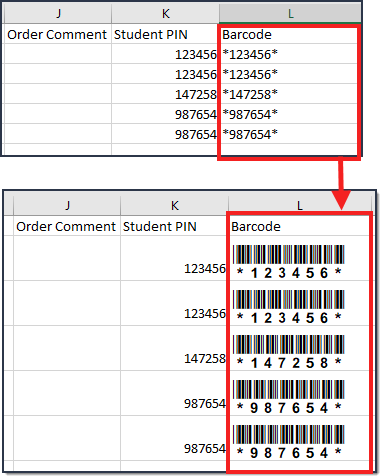 A two-part screenshot showing the barcode before the font is applied and then after it is applied.