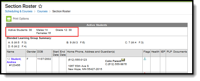 Screenshot of the Section Roster tool highlighting the Active Students section