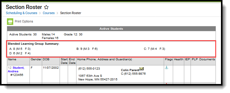 Screenshot of the Section Roster tool highlighting the Blended Learning Summary section