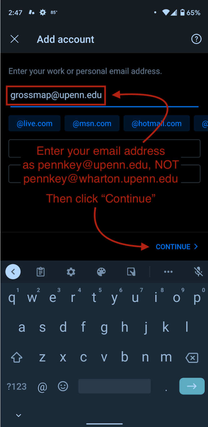 The Outlook on Android Add Account screen with two red arrows. One pointing to the email field and the other to the 