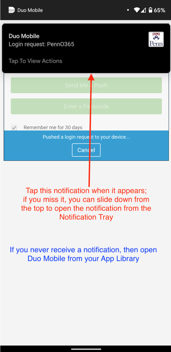 A Duo two factor notification is displayed at the top of this Android screenshot with instructions to tap it to complete the log in.