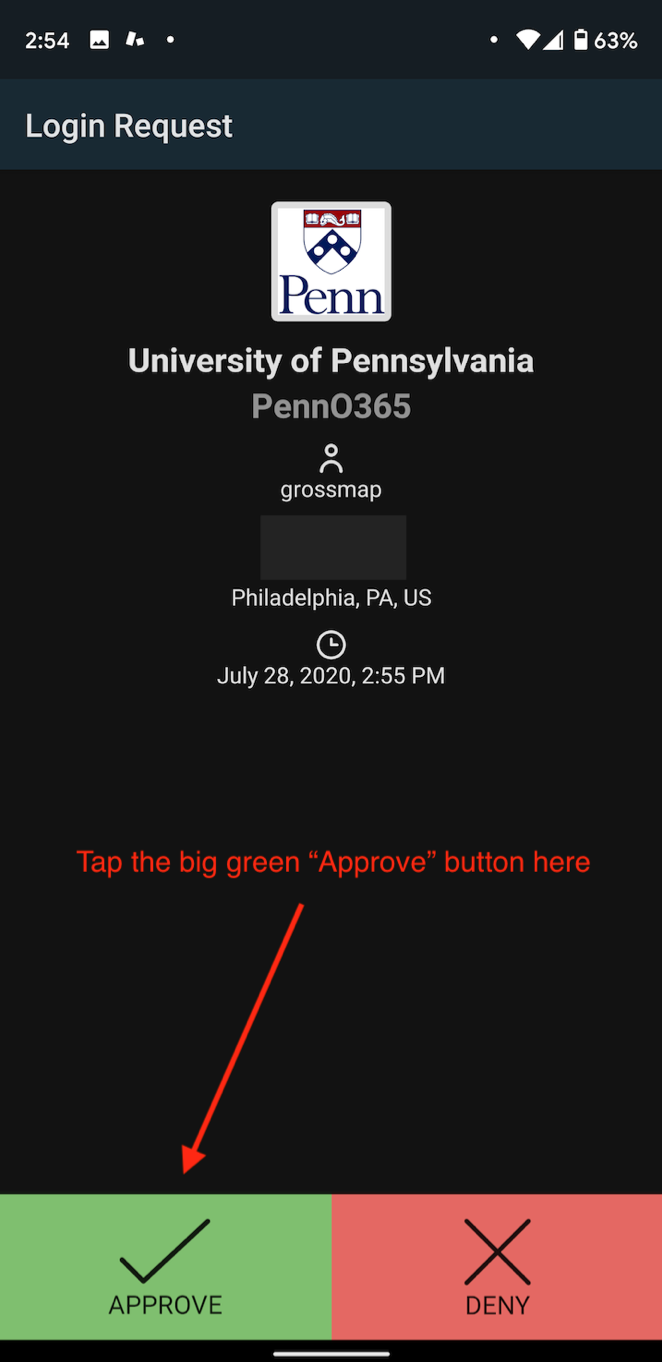 The Duo login request screen with a red arrow pointing to the bottom left corner where a green 