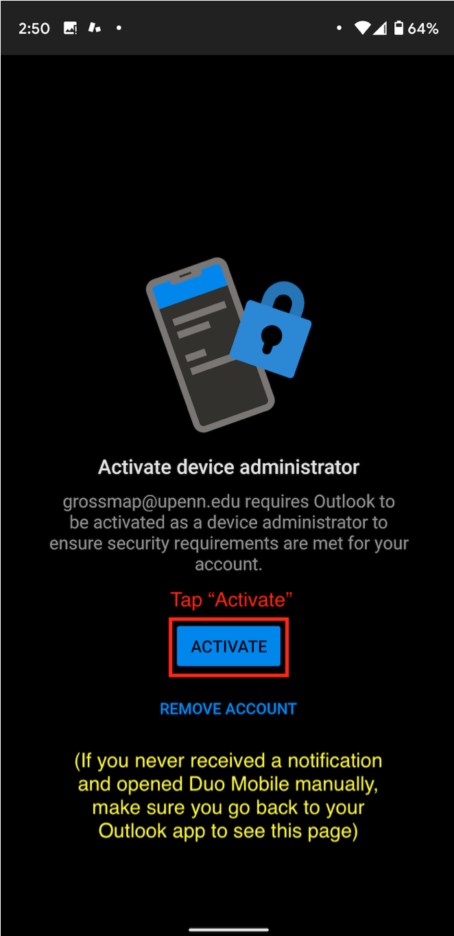 Outlook displays an activation screen. The blue Activate button in the center of the screen is highlighted by a red box.