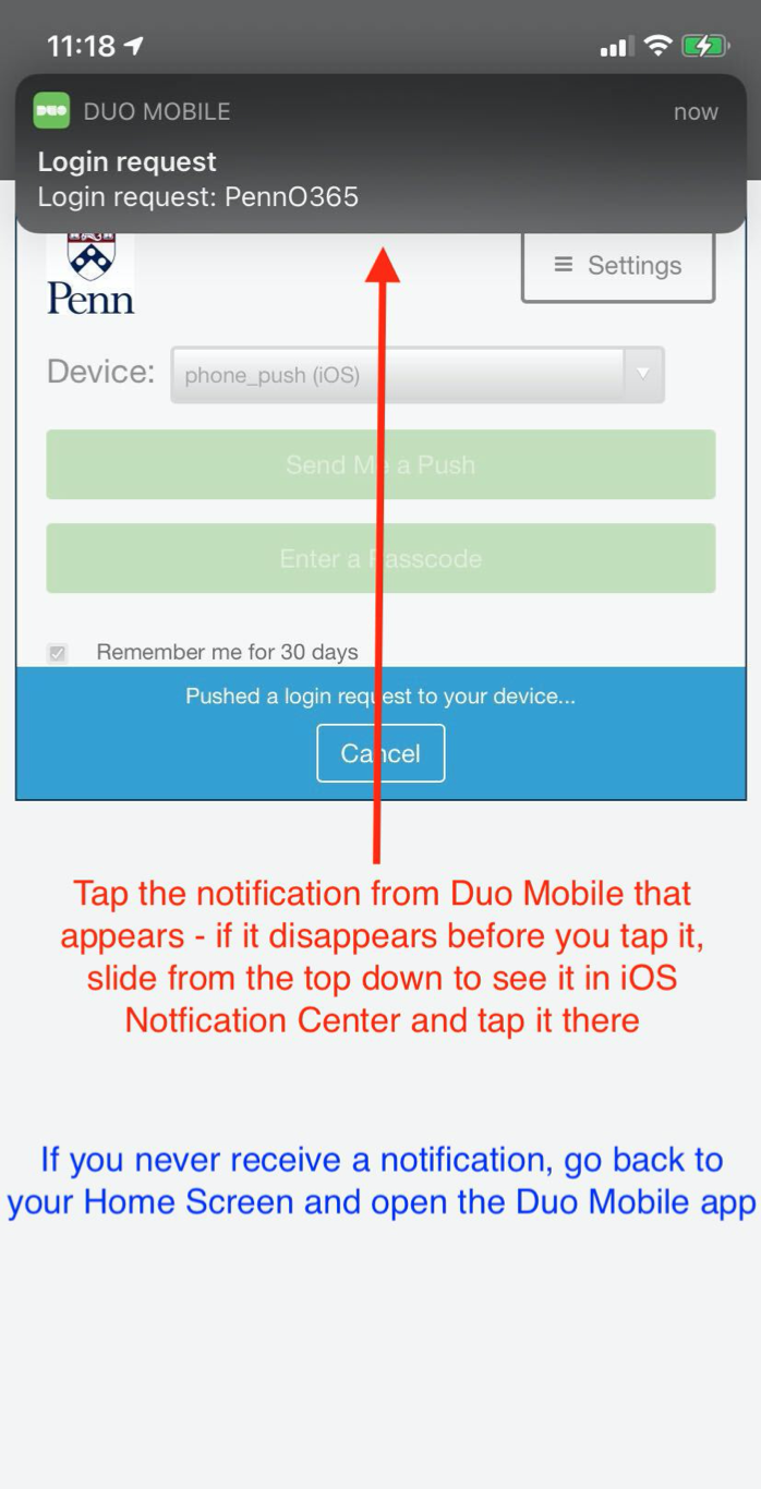 The Duo push notification is displayed at the top of this screenshot. Tap on it.