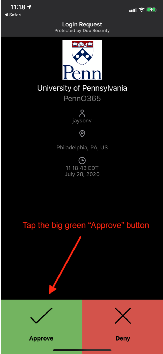 The Duo screen with a red arrow pointing to the green 