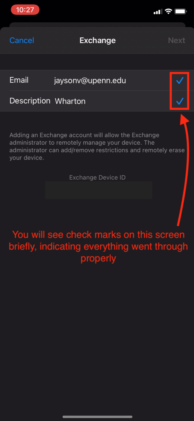 The Exchange account details screen with blue checks next to the email and description fields.