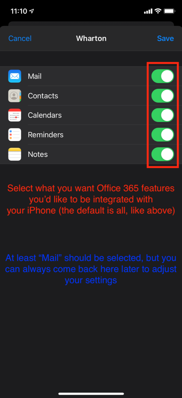 The list of Office features you can sync to your phone with a toggle next to each to enable or disable it. All are enabled in this image.