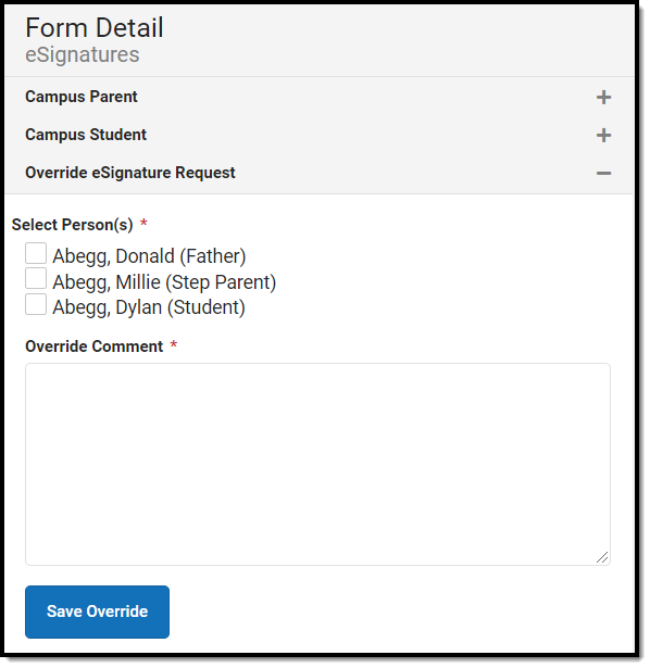 Screenshot of eSignatures Form Detail Override Request options