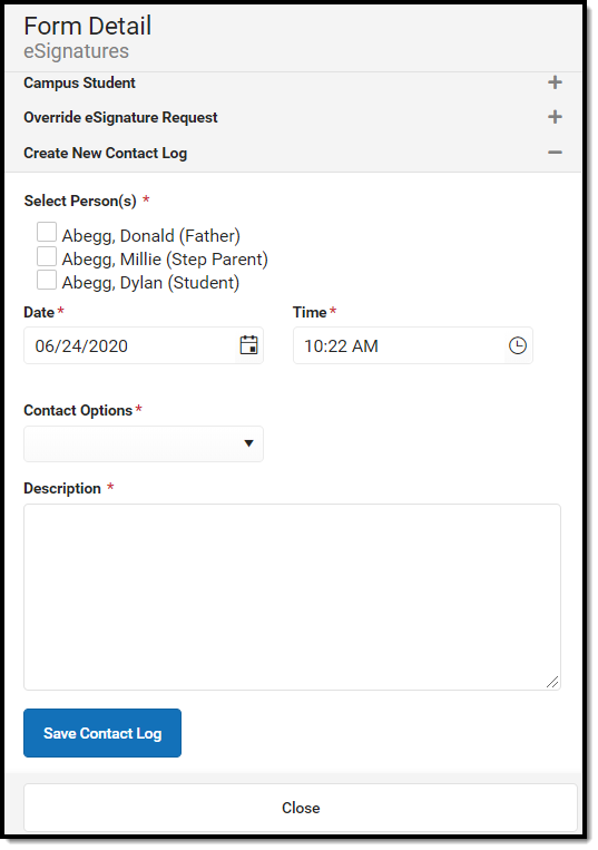 Screenshot of Form Options for creating new Contact Log