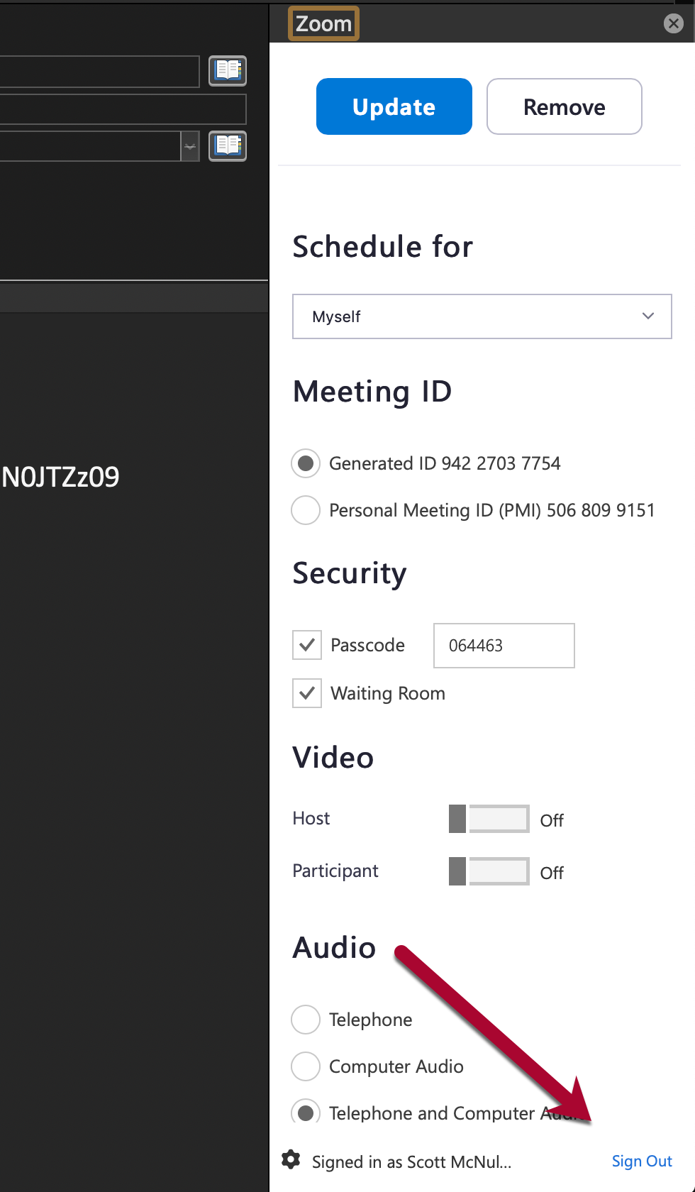 The Zoom settings panel with a very small Sign Out link at the bottom right, with a red arrow pointing to it.