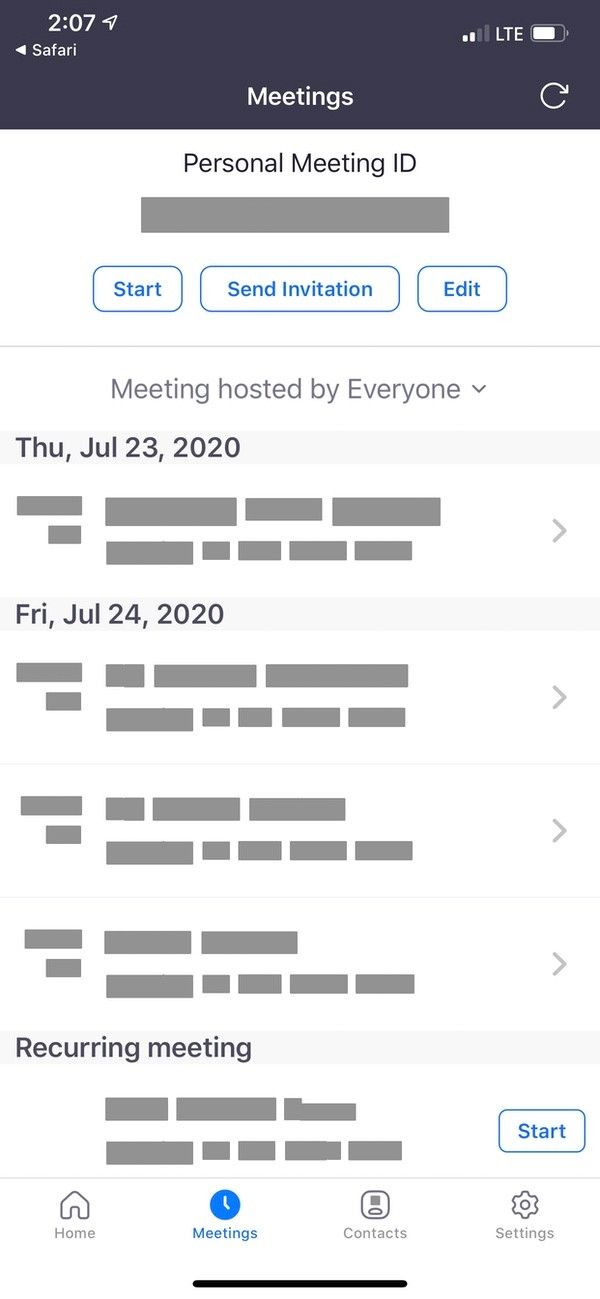 Zoom app Meetings tab