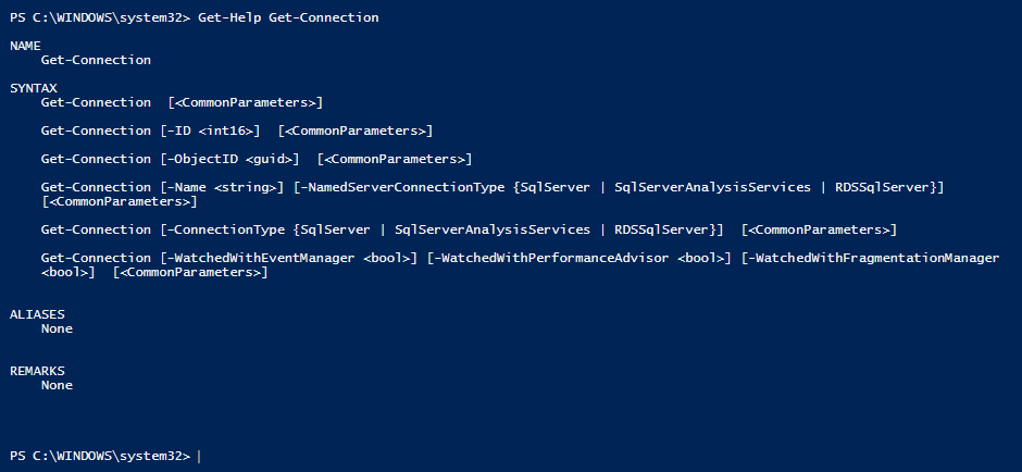 SQL Sentry PowerShell Get Help Get Connection command example