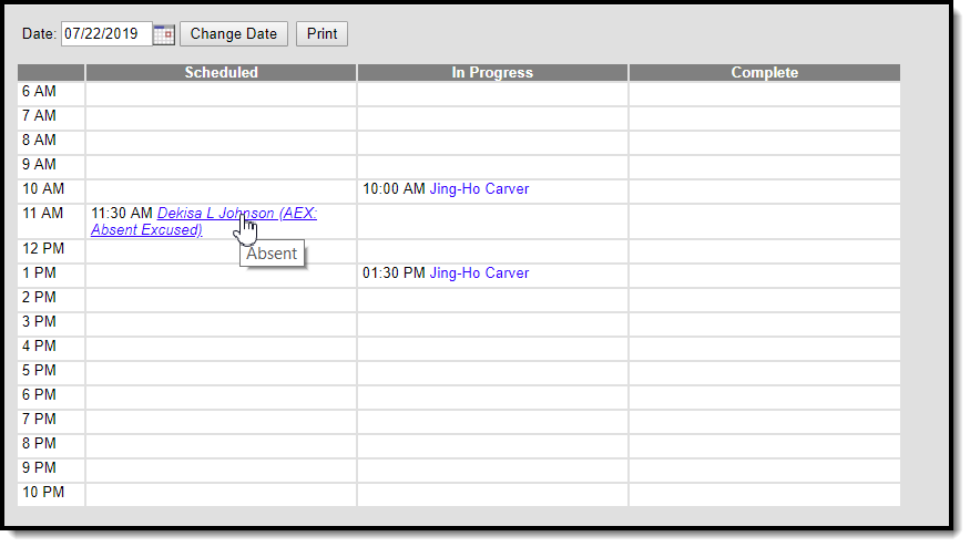 Screenshot of a scheduled appointment with an absent student.