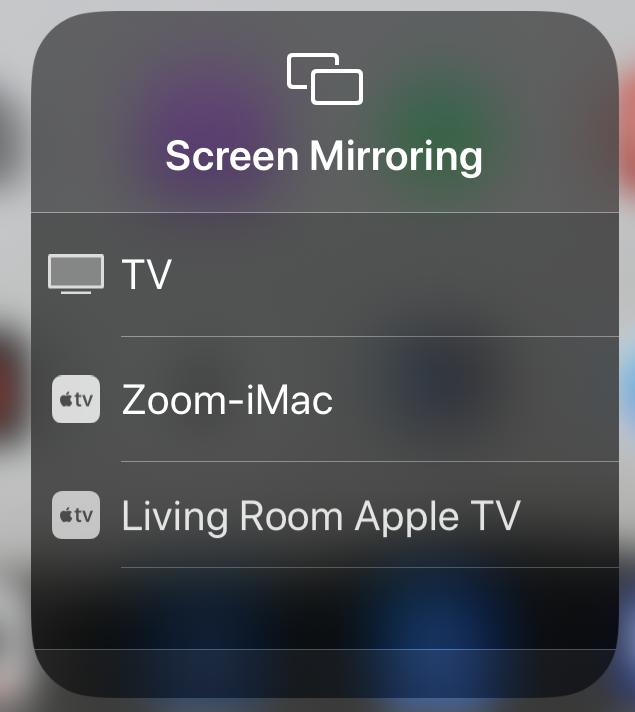 Screen Mirroring screen, with options: TV, Zoom-iMac, Living Room Apple TV