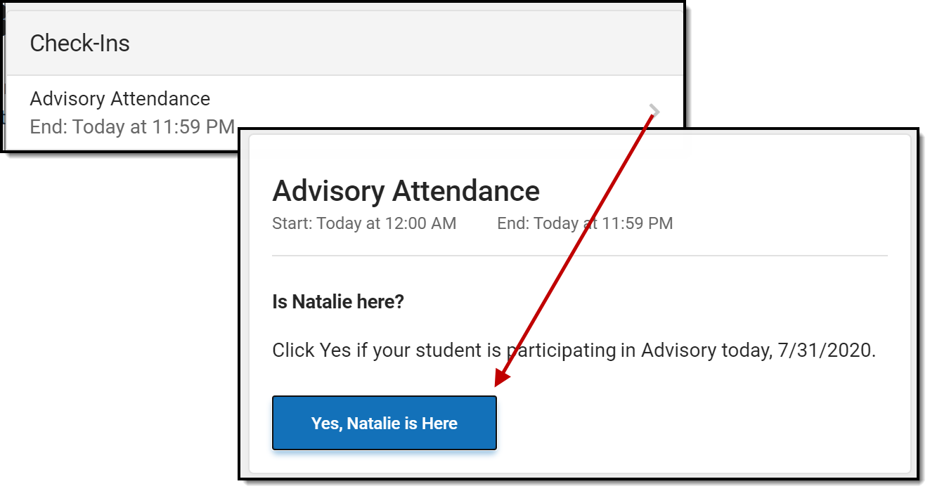Two-part screenshot of a check-in in a list that a parent clicks to verify that a student is present. 