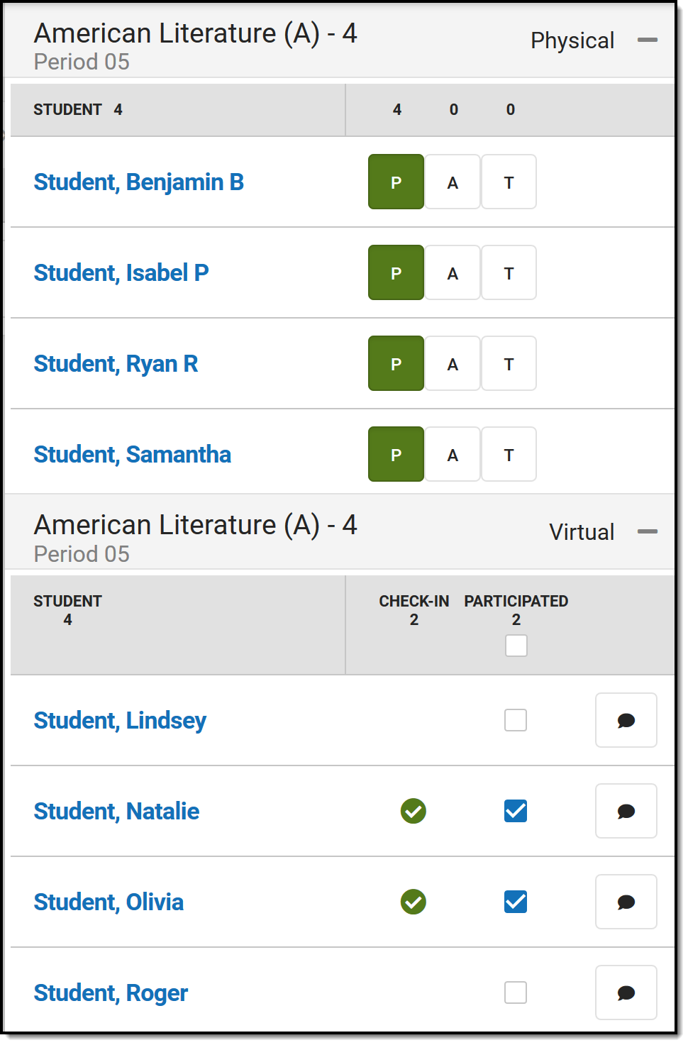 Screenshot of how blended learned displays with students listed in physical and virtual groups. 