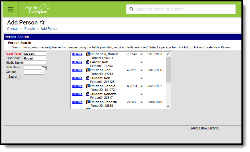 Screenshot of the Add Person tool, located at Census People