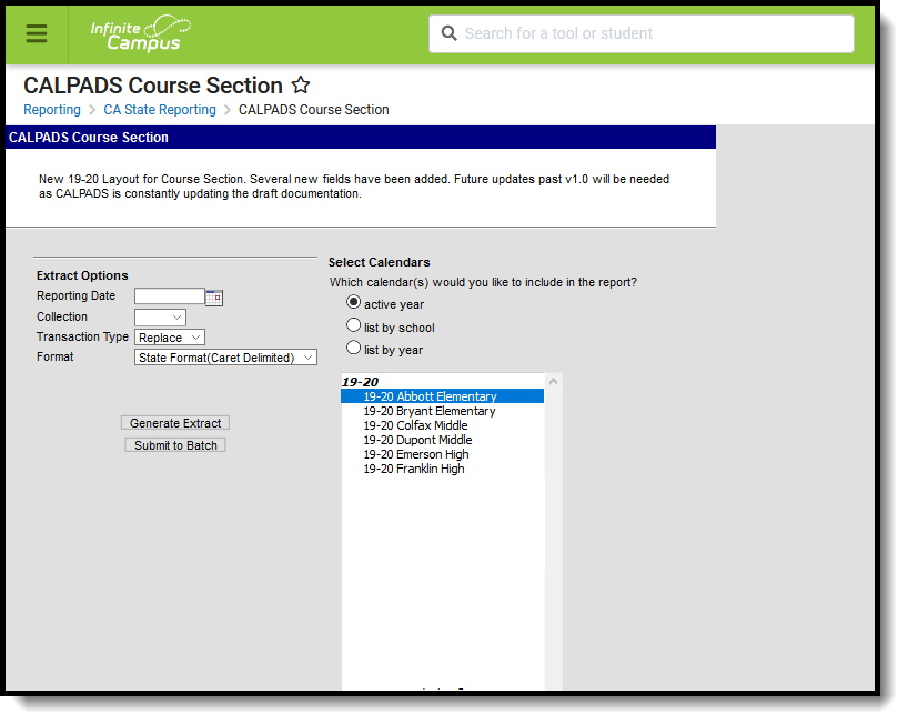 Screenshot of the CALPADS course section extract editor. 
