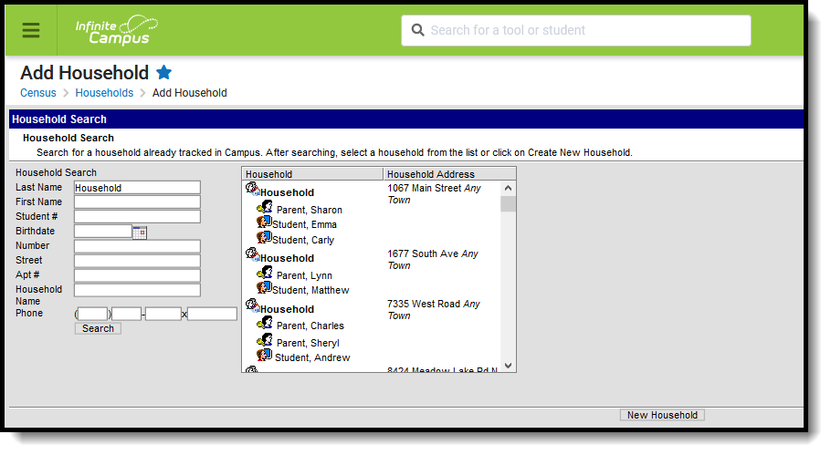 Screenshot of the Add Household tool, located at Census, Households