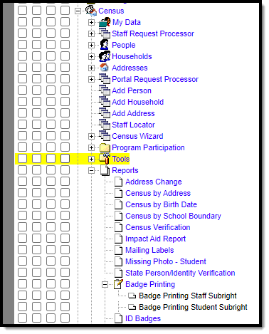 Image of the badge printing tool right and sub-rights for printing students or staff.