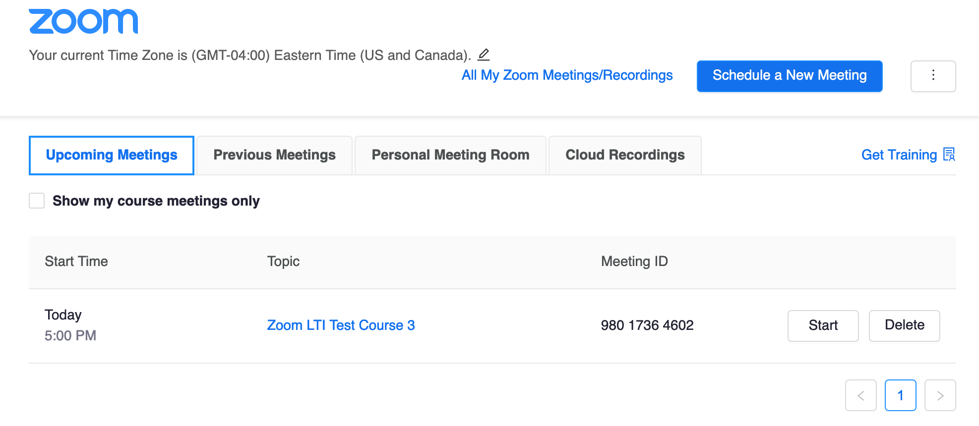 Screenshot of a meeting scheduled being displayed on the Zoom tab in Canvas.