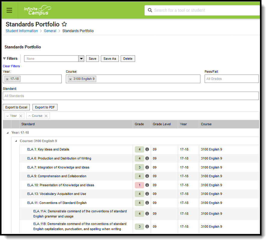 Screenshot of the Standards Portfolio tool in Student Information.  
