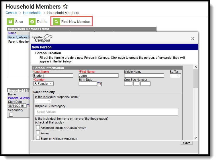 Screenshot after the Create New Person button is clicked. The image shows the form to fill out when creating a new person.