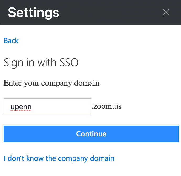 The Sign in with SSO window with a domain field which is filled with 