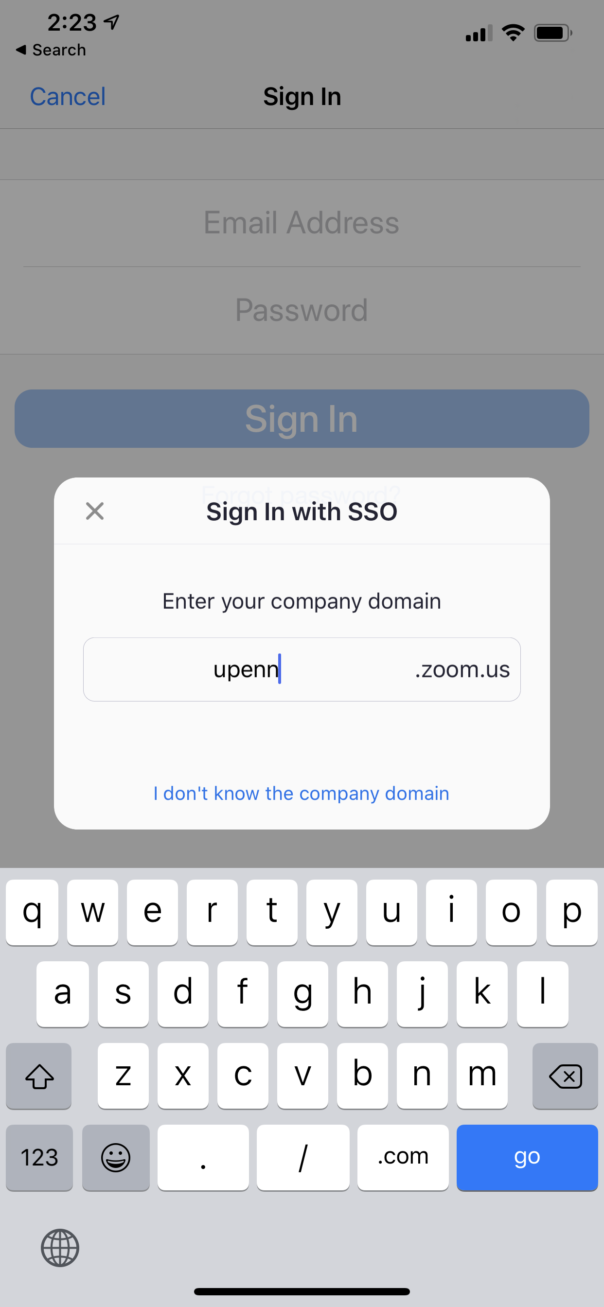 Zoom app Sign In with SSO screen with 
