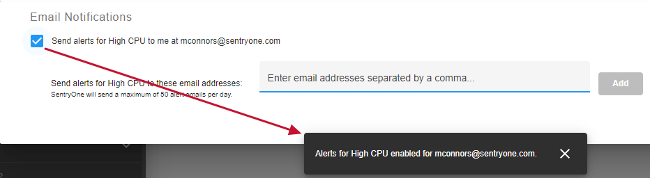 Monitor Alert window with the Send alerts option checked and an Alerts enabled pop in message confirming the alert setting.