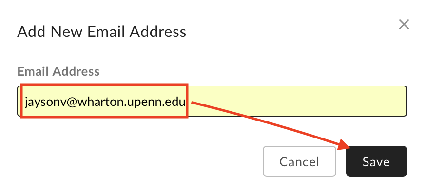Add New Email Address box, Save Button in lower right corner of application.