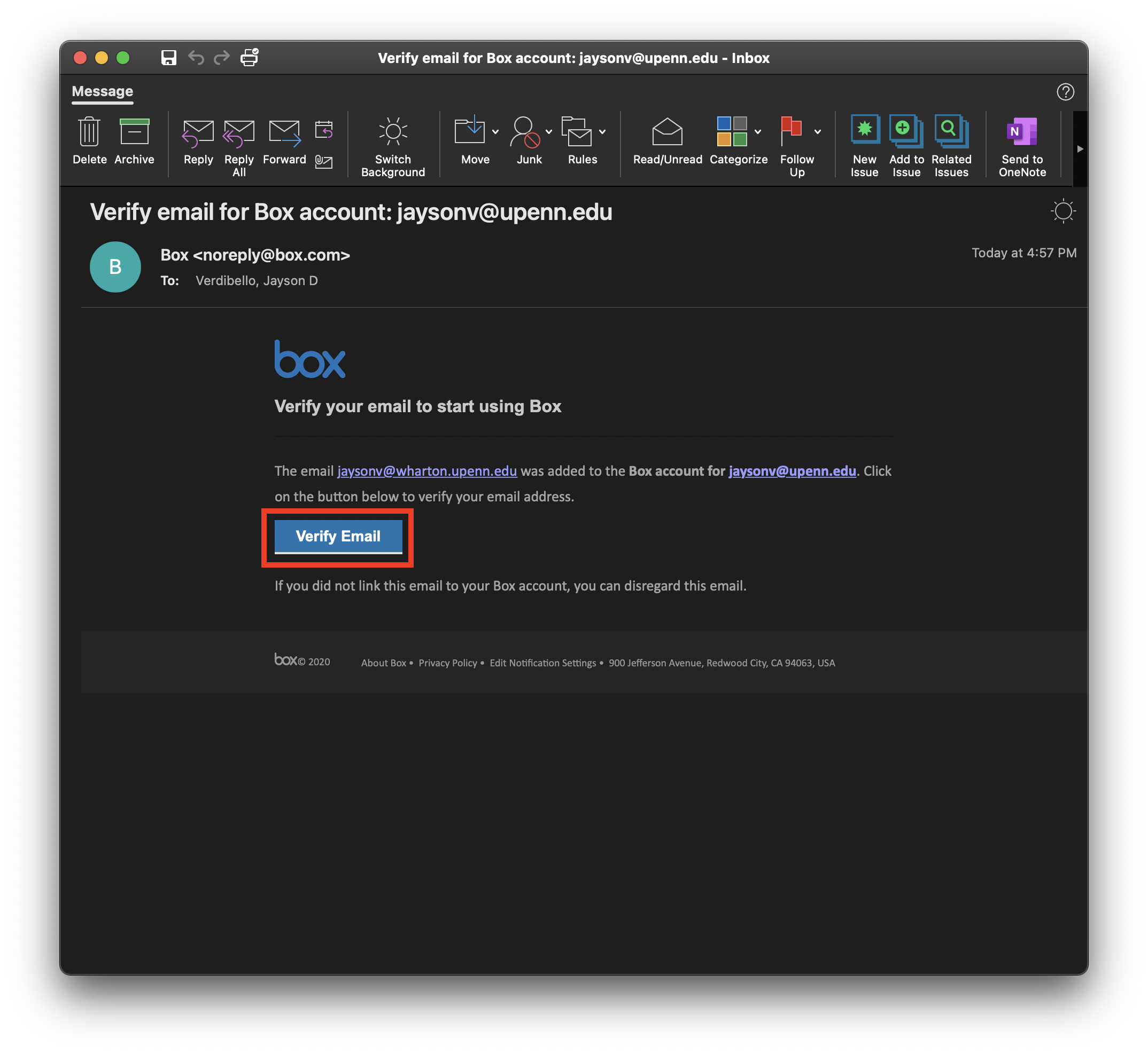 An e-mail displayed in Outlook for Mac in Dark Mode, asking the user to verify their Wharton e-mail address for Box. The link is outlined in a red box.