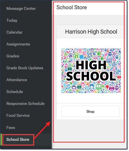 Screenshot of the school store tool in campus parent.