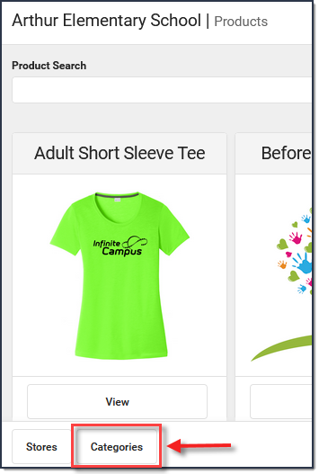 Screenshot of the School Store with a callout around the Categories button.