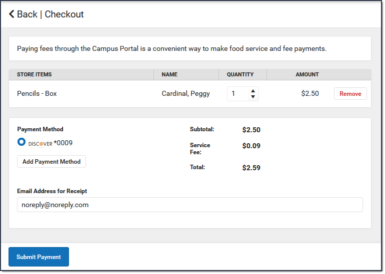 Screenshot of the Checkout window where users can Submit Payment.