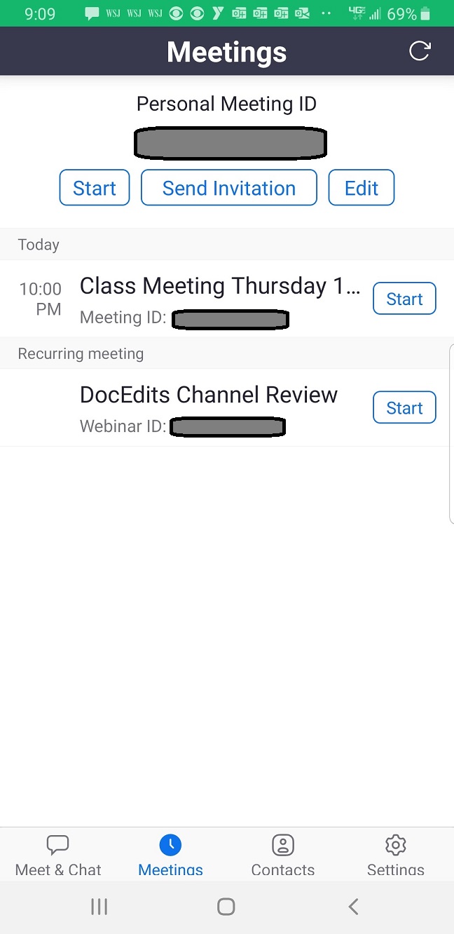 Zoom Android Meetings screen
