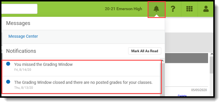 Screenshot of Message Center showing grading window notification messages.