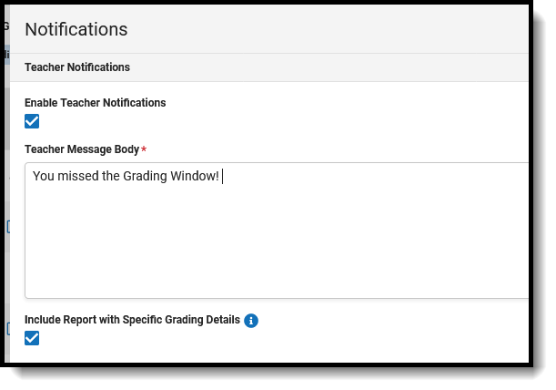 Screenshot showing options for Teacher Notifications.