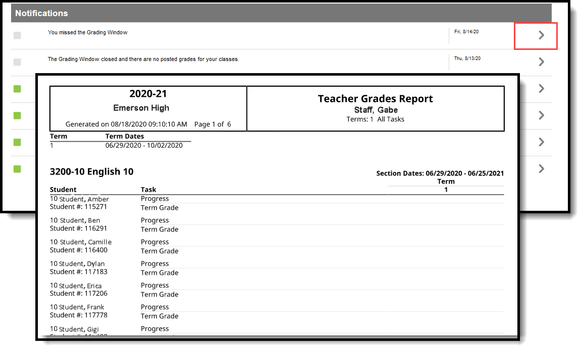 Screenshot of the report that shows which teachers have grades missing for specific course sections they teach.
