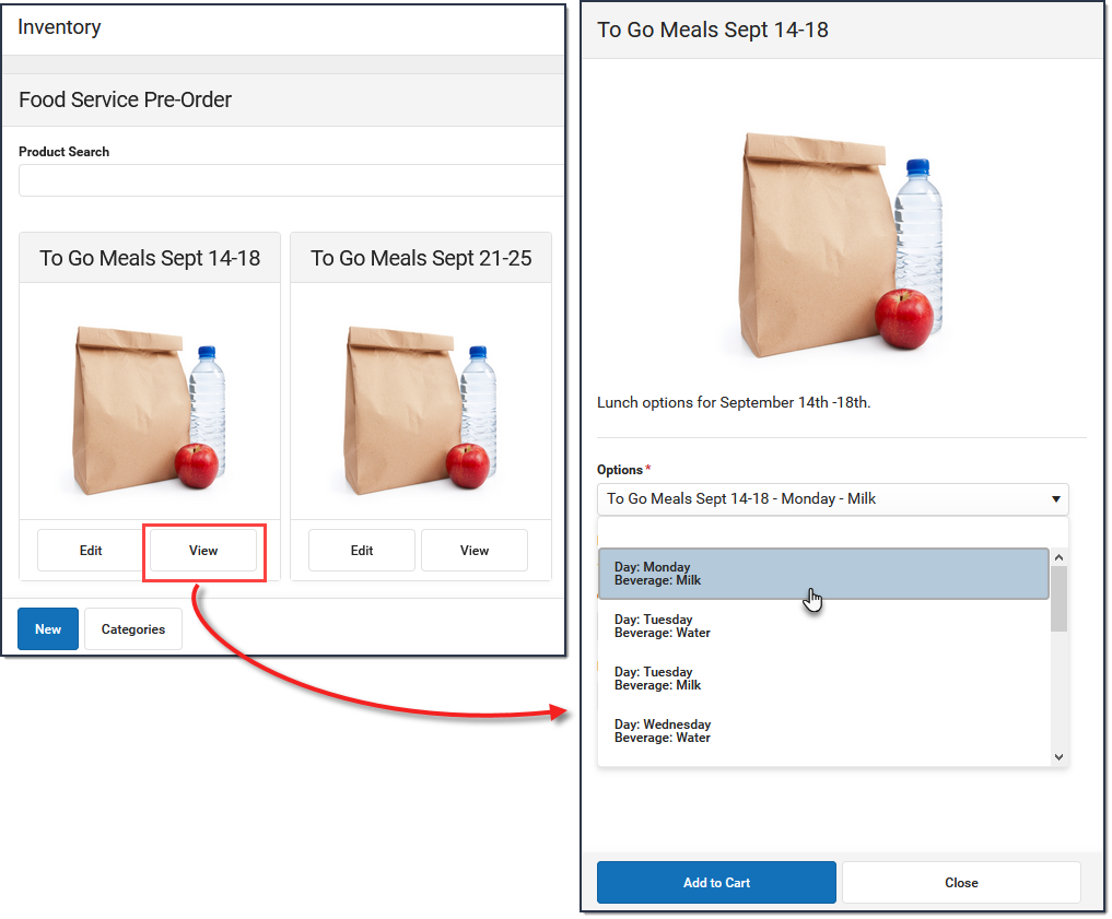 Two-part screenshot showing a product on the left with the View button highlighted. On the right is the way portal users see the product after the View button is clicked.