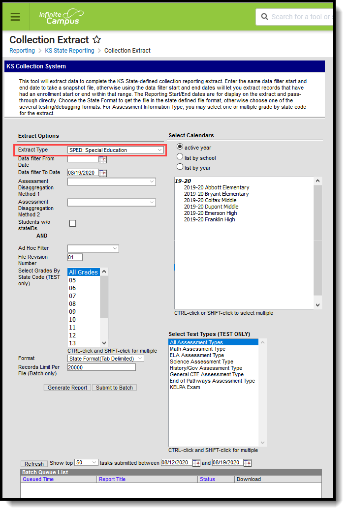 Screenshot of the KIDS SPED extract editor highlighting the extract type field.