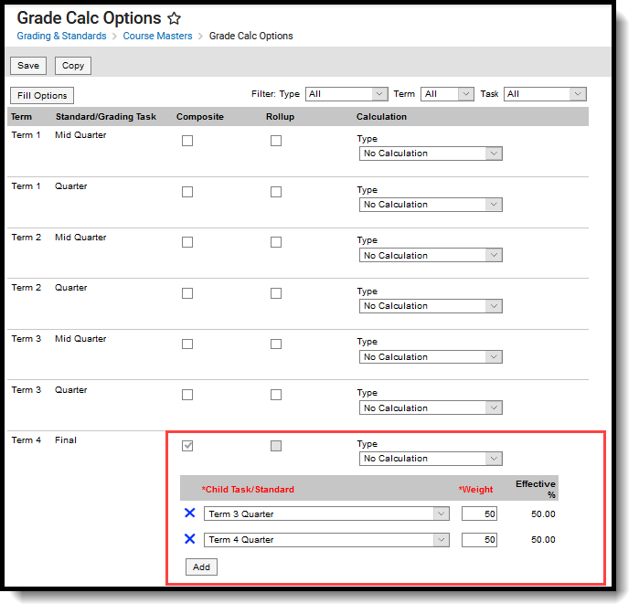 Screenshot highlighting a task with composite grading setup, the Composite checkbox marked and child tasks with weights entered. 
